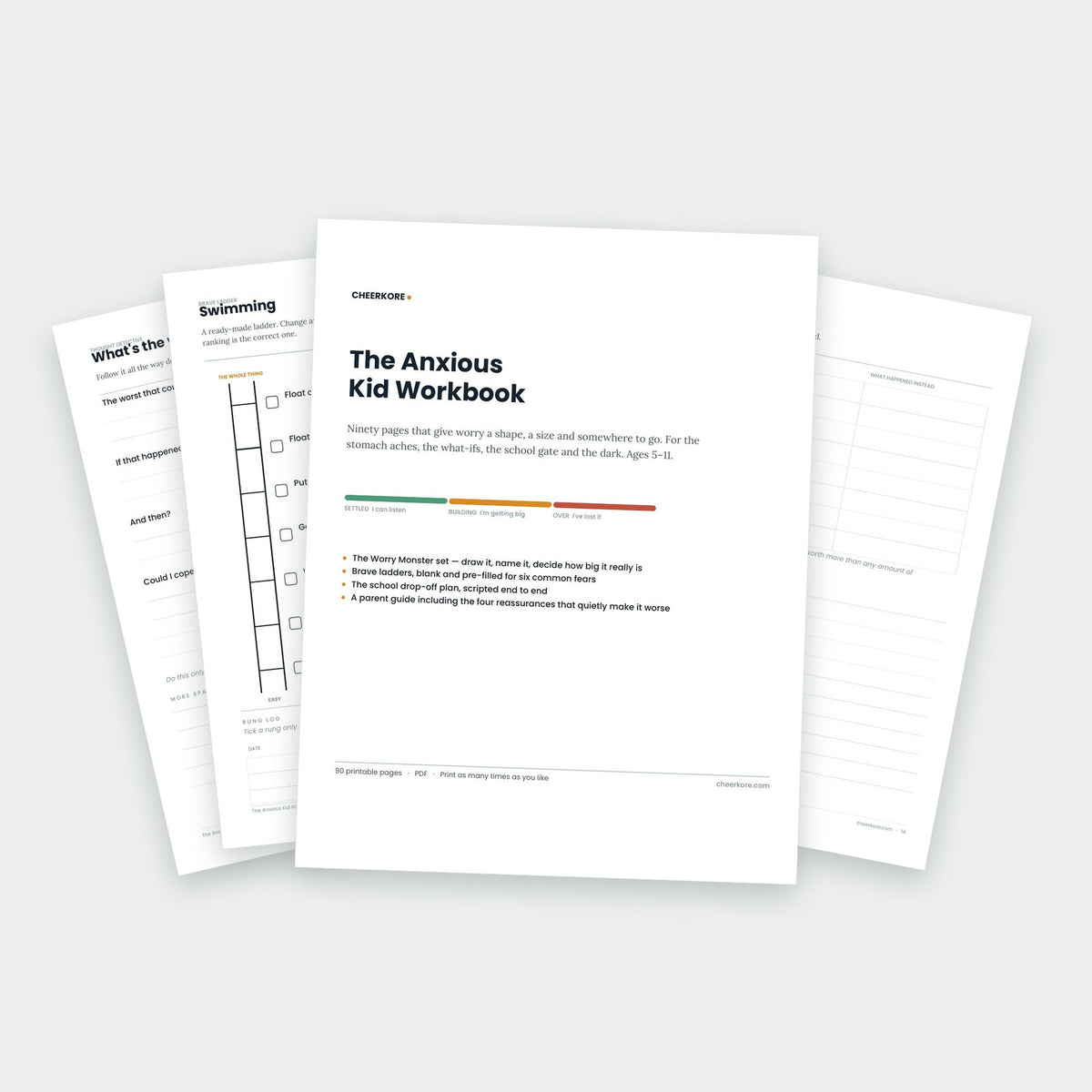 The Anxious Kid Workbook — printed pages fanned out, showing the cover, a brave ladder and grounding pages