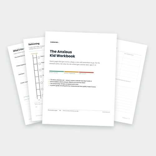 The Anxious Kid Workbook — printed pages fanned out, showing the cover, a brave ladder and grounding pages