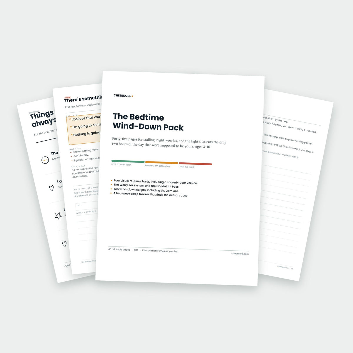 The Bedtime Wind-Down Pack — printed pages fanned out, showing the cover, a routine chart and wind-down scripts