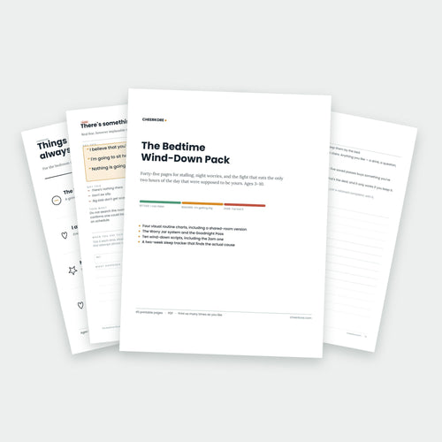 The Bedtime Wind-Down Pack — printed pages fanned out, showing the cover, a routine chart and wind-down scripts