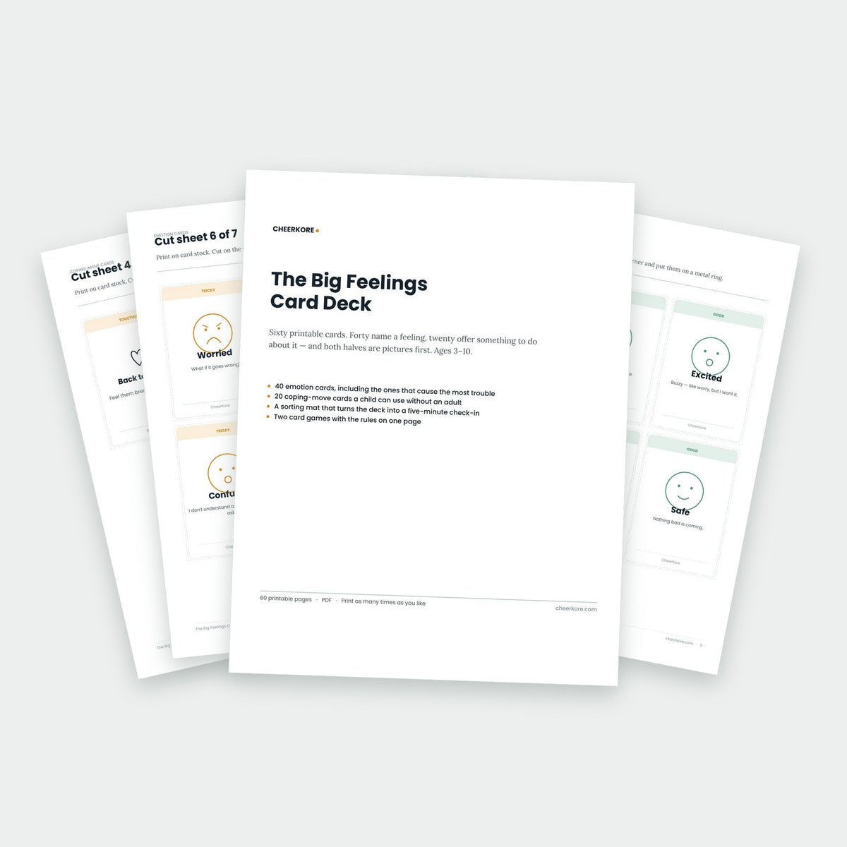 The Big Feelings Card Deck — printed pages fanned out, showing the cover and emotion card cut sheets