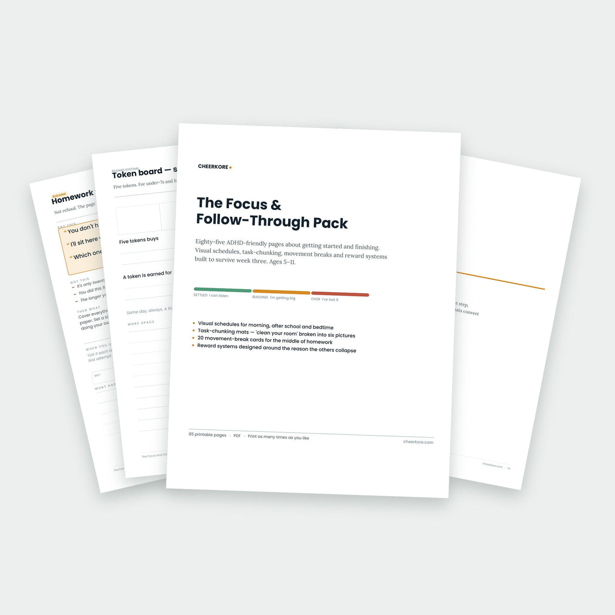 The Focus and Follow-Through Pack — printed pages fanned out, showing the cover, a visual schedule and task-chunking mats