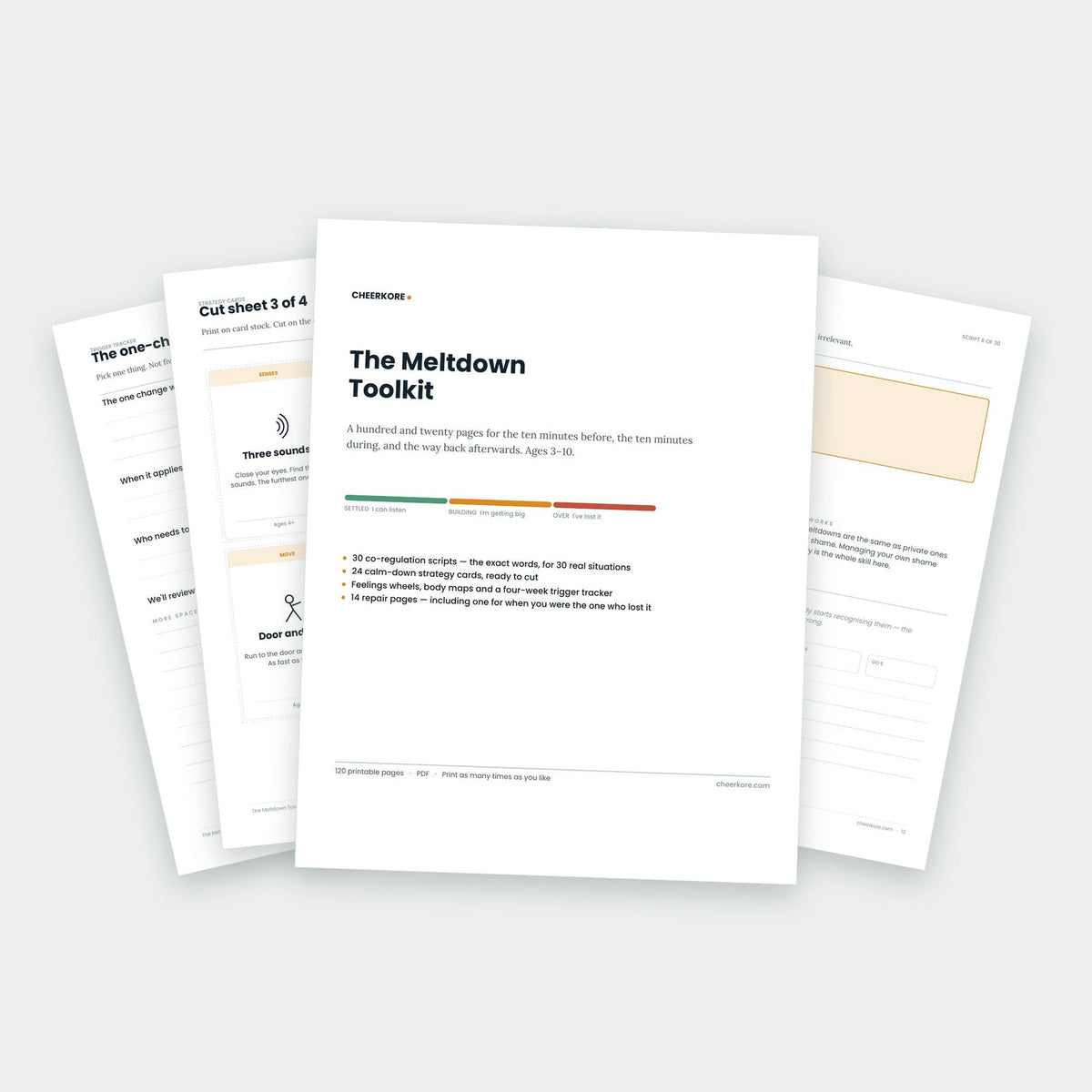 The Meltdown Toolkit — printed pages fanned out, showing the cover, a co-regulation script and a strategy-card cut sheet
