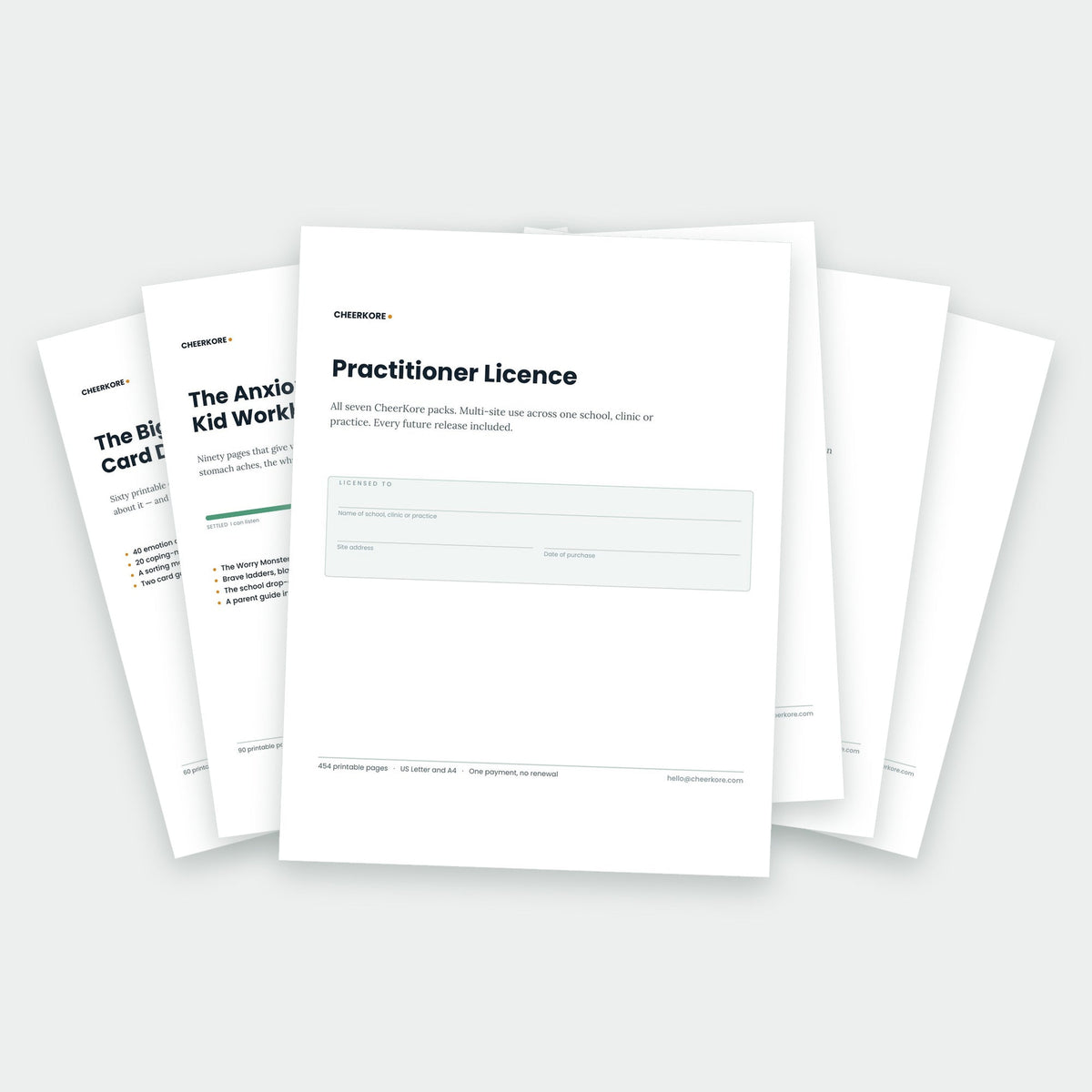 CheerKore Practitioner Licence — the licence certificate in front of the covers of all seven packs