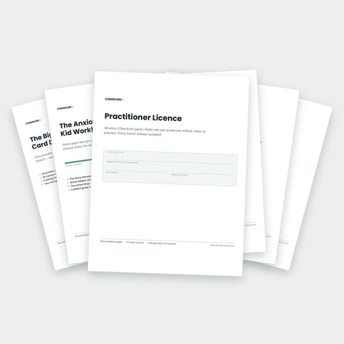 CheerKore Practitioner Licence — the licence certificate in front of the covers of all seven packs