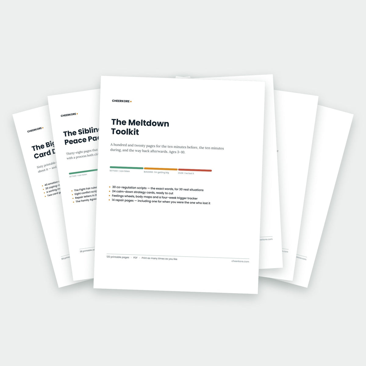 The Whole-Child Bundle — the covers of all seven CheerKore packs fanned out together